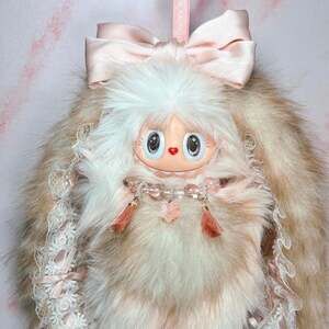 Handmade Labubu Inspired Custom Plush Keychain - Pink and Tan Lace Edition